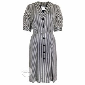 Yves Saint Laurent Rive Gauche Dress Black White Stripe Wool Silk Vintage 90s 46